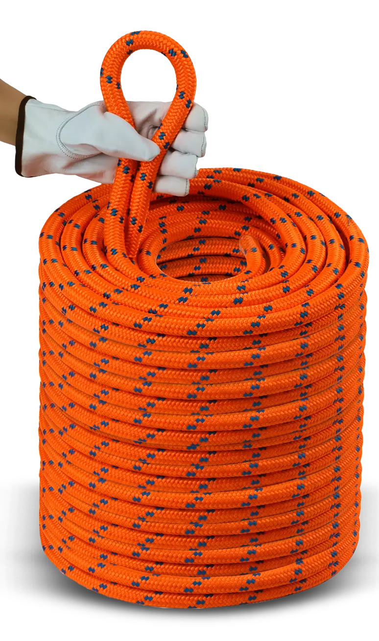 tall stack of a rounded 20 feet commercial rops with a gloved hand showing the loop