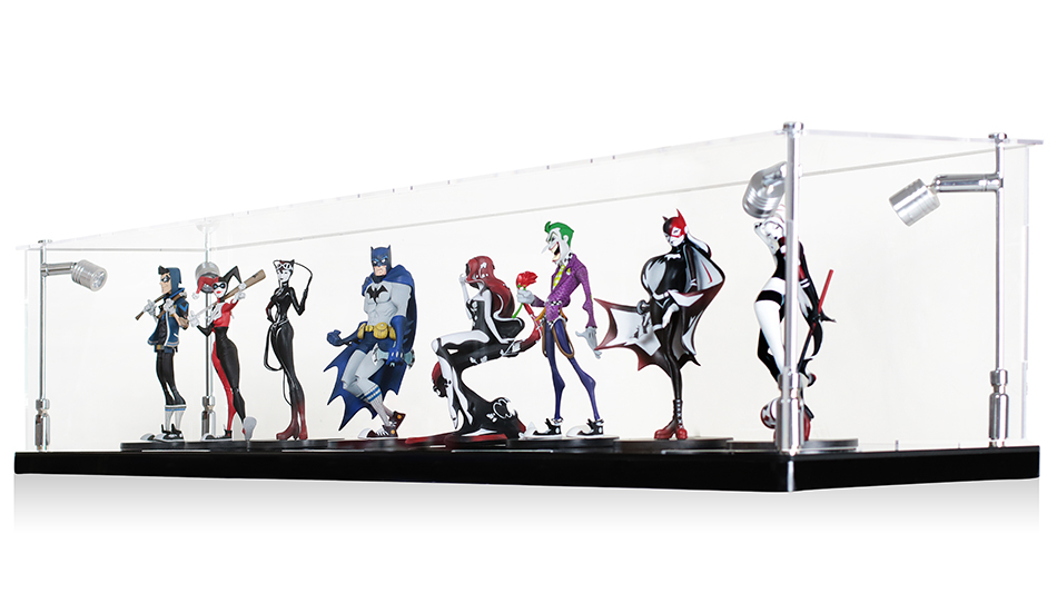 glass case with lego toys