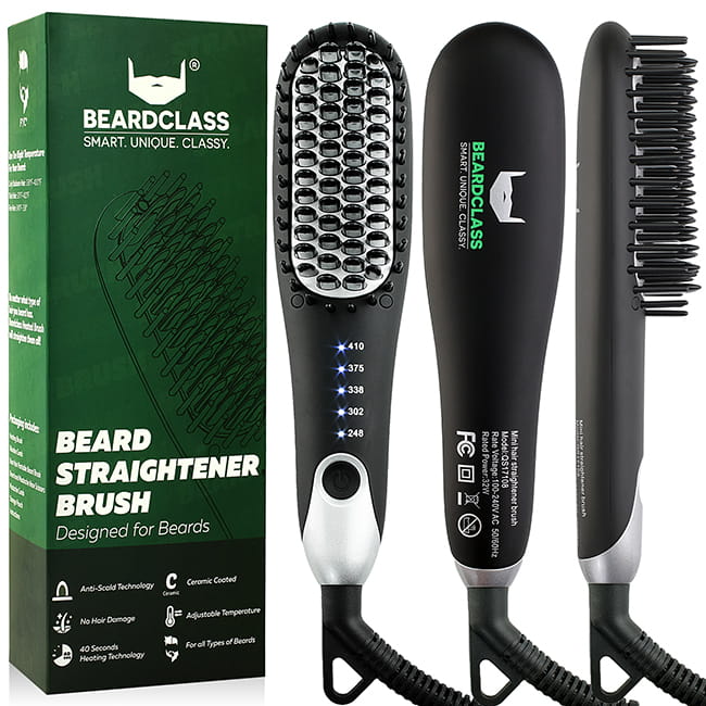 mens-beard shaper view from front, side and back along with the product packaging
